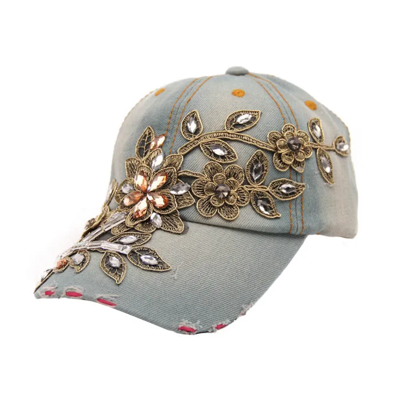 Best Deal Good Quality New Fashion Women Diamond Flower Baseball Cap Summer Style Lady Jeans Hats