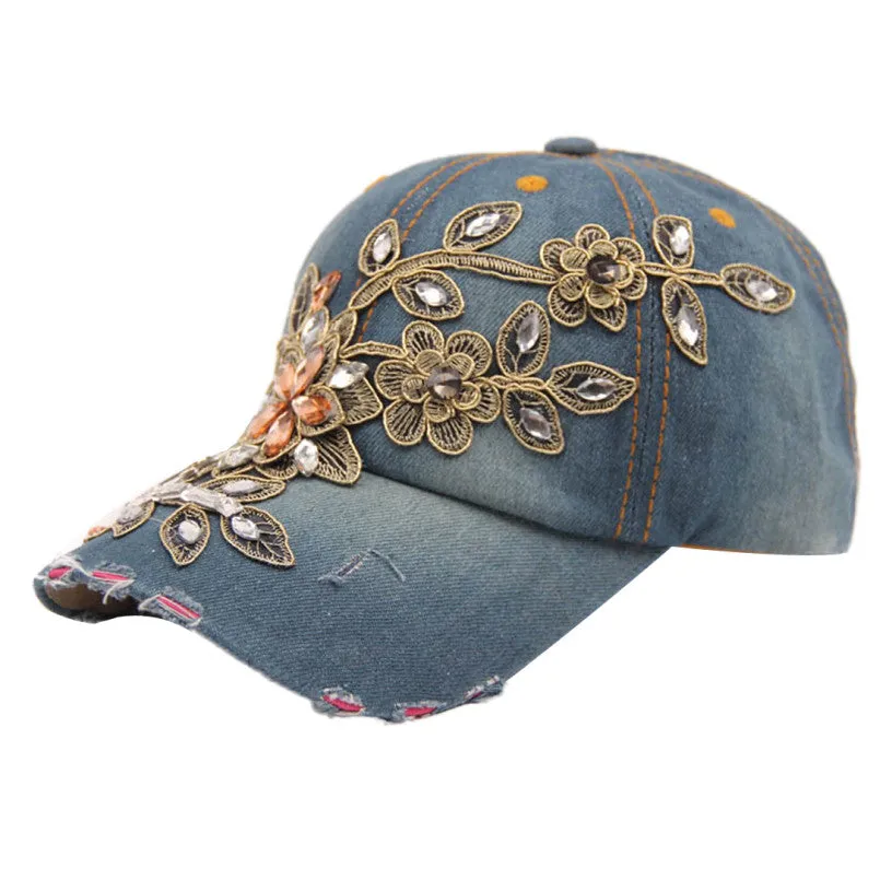 Best Deal Good Quality New Fashion Women Diamond Flower Baseball Cap Summer Style Lady Jeans Hats