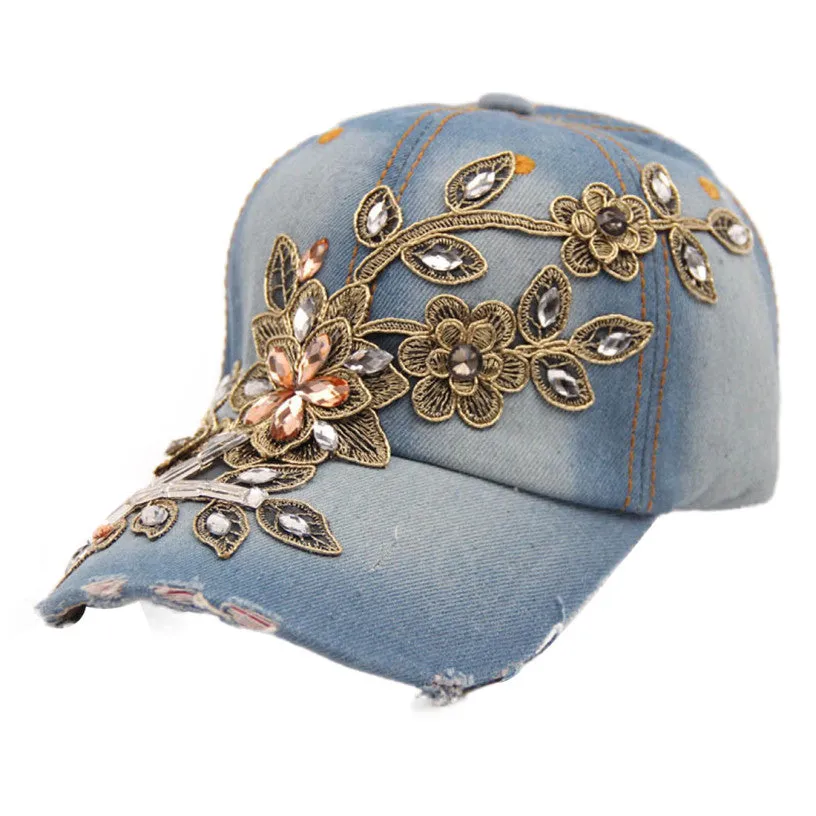 Best Deal Good Quality New Fashion Women Diamond Flower Baseball Cap Summer Style Lady Jeans Hats
