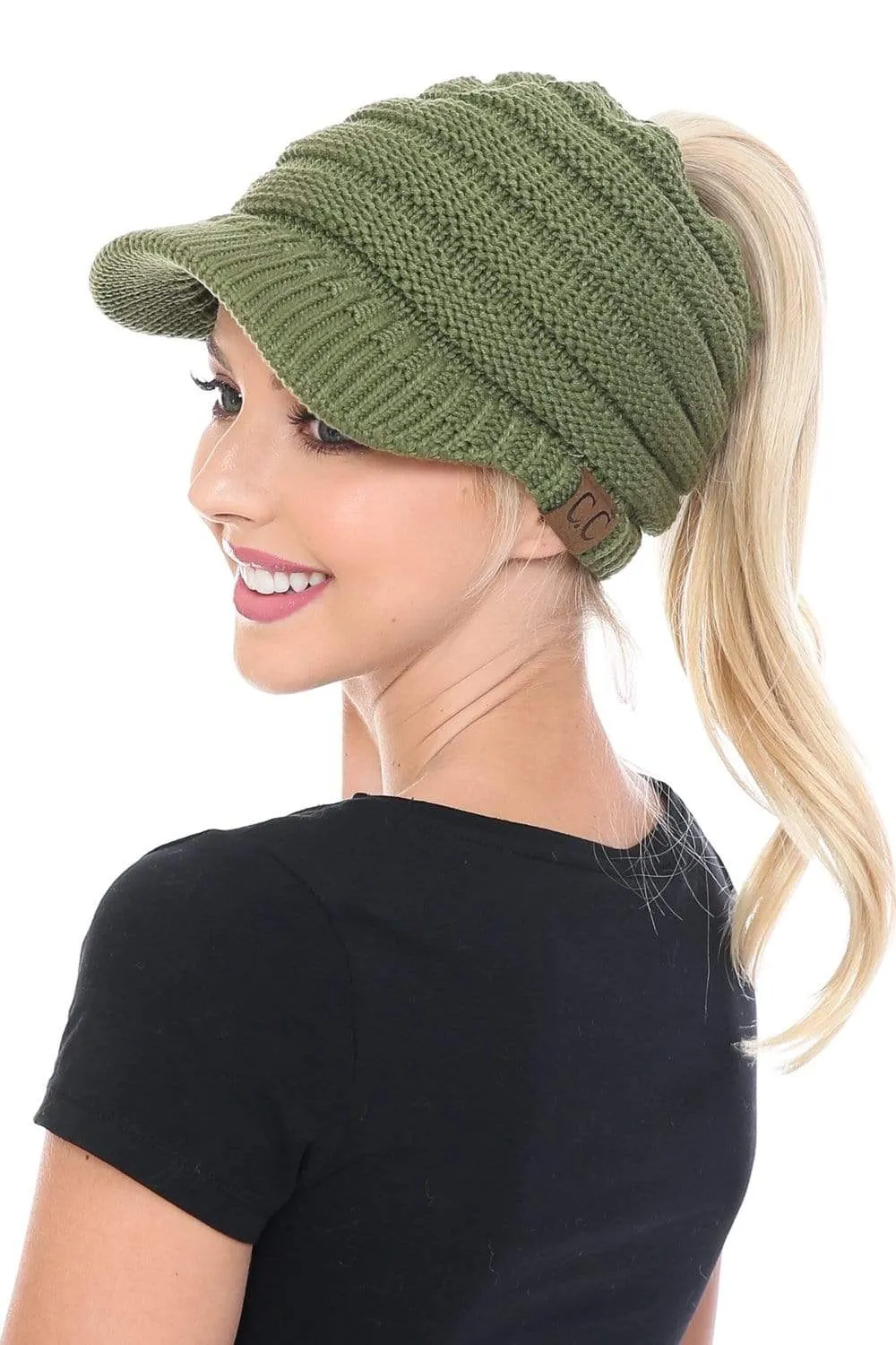 C.C MB131 - BeanieTail Warm Knit Messy High Bun Ponytail Visor Beanie Cap