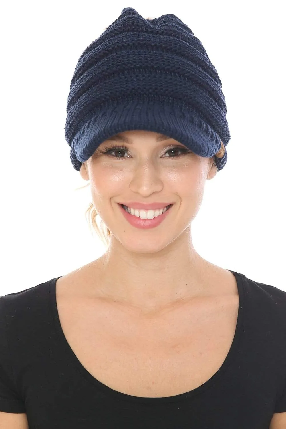 C.C MB131 - BeanieTail Warm Knit Messy High Bun Ponytail Visor Beanie Cap