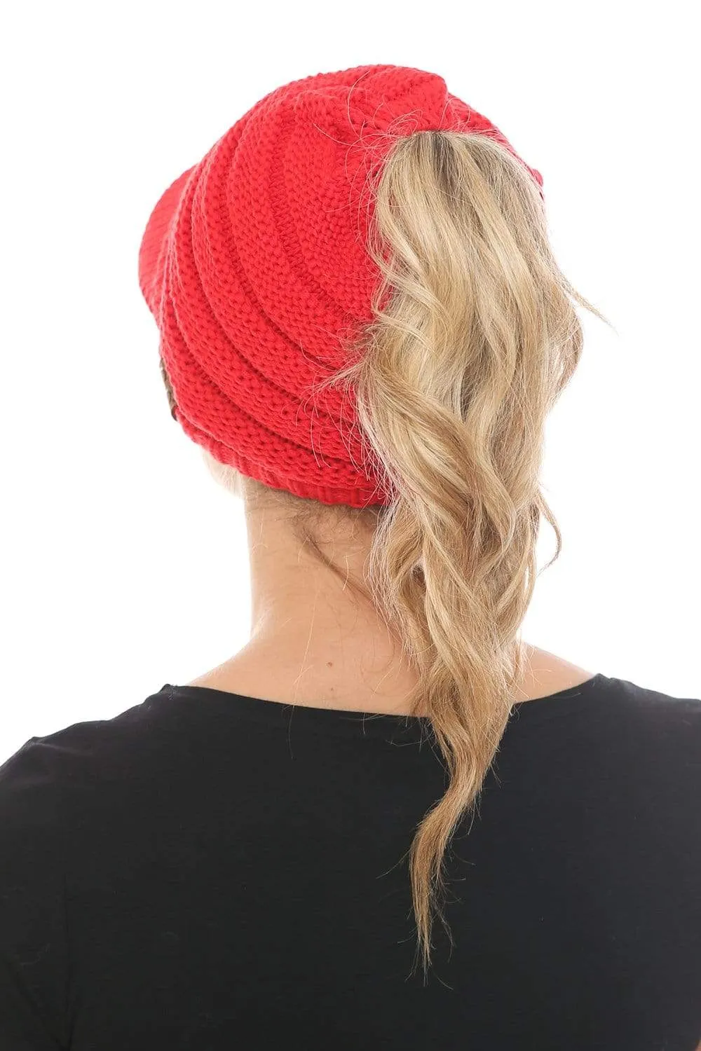 C.C MB131 - BeanieTail Warm Knit Messy High Bun Ponytail Visor Beanie Cap