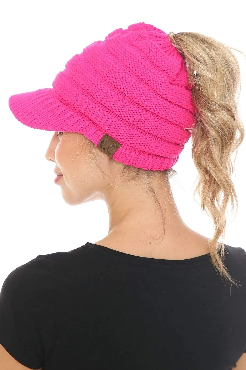 C.C MB131 - BeanieTail Warm Knit Messy High Bun Ponytail Visor Beanie Cap