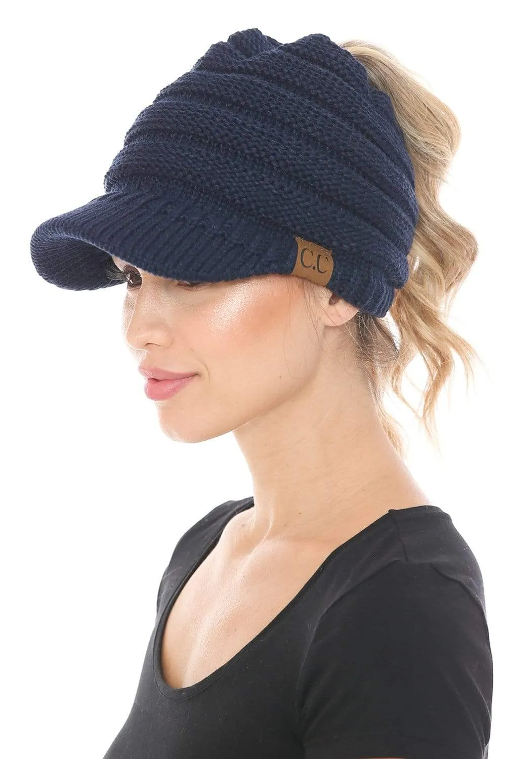 C.C MB131 - BeanieTail Warm Knit Messy High Bun Ponytail Visor Beanie Cap