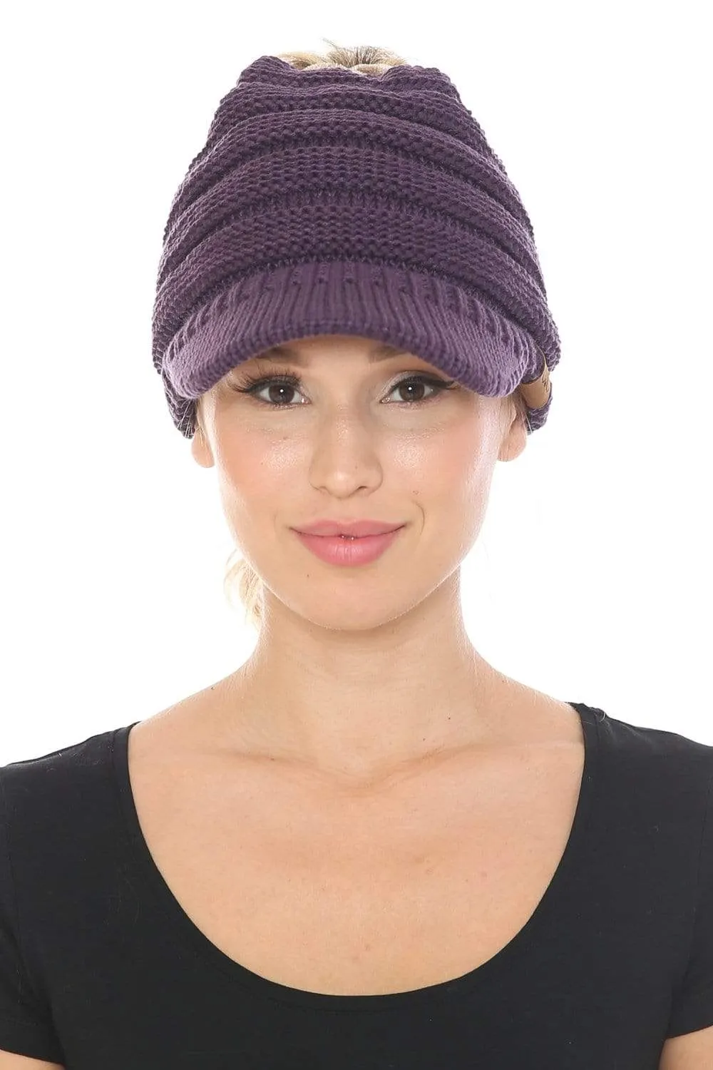 C.C MB131 - BeanieTail Warm Knit Messy High Bun Ponytail Visor Beanie Cap