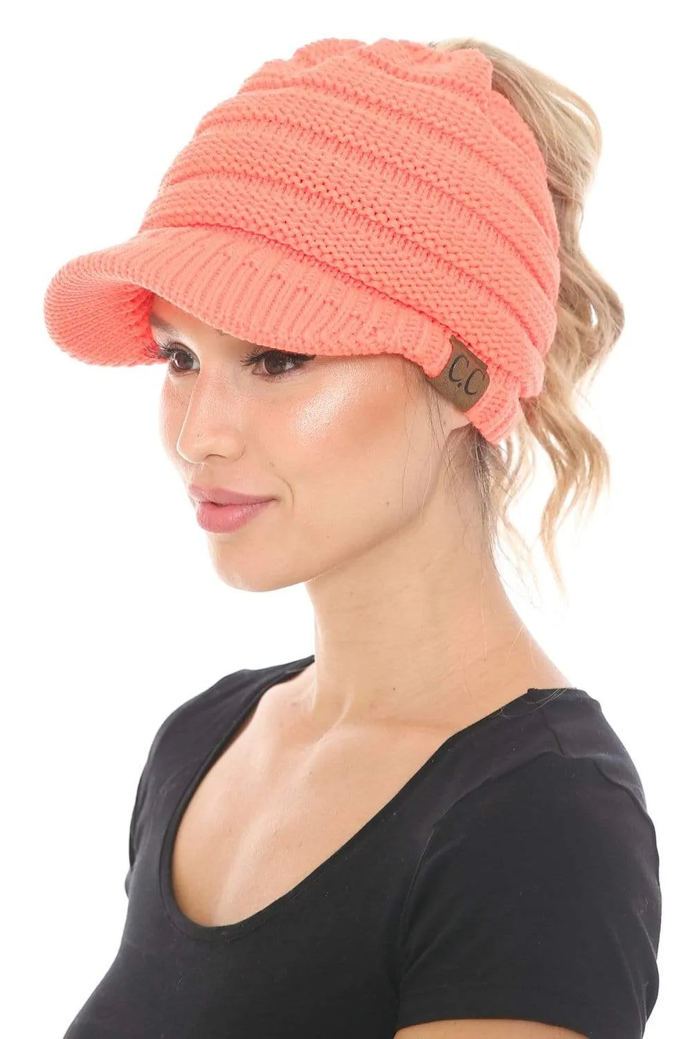 C.C MB131 - BeanieTail Warm Knit Messy High Bun Ponytail Visor Beanie Cap
