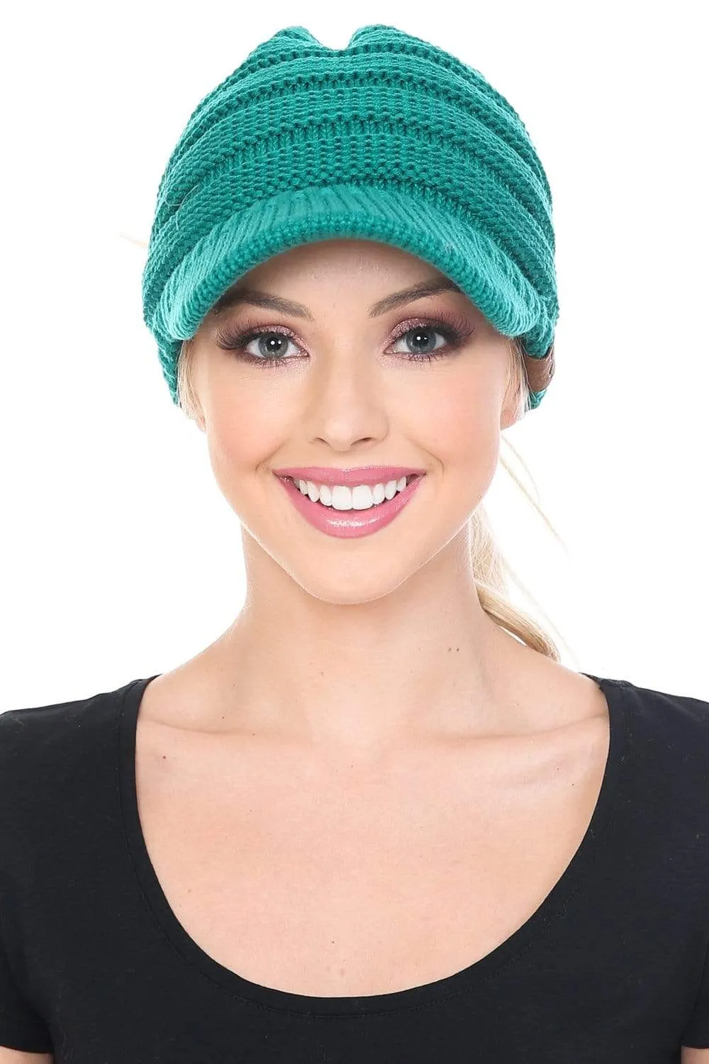 C.C MB131 - BeanieTail Warm Knit Messy High Bun Ponytail Visor Beanie Cap