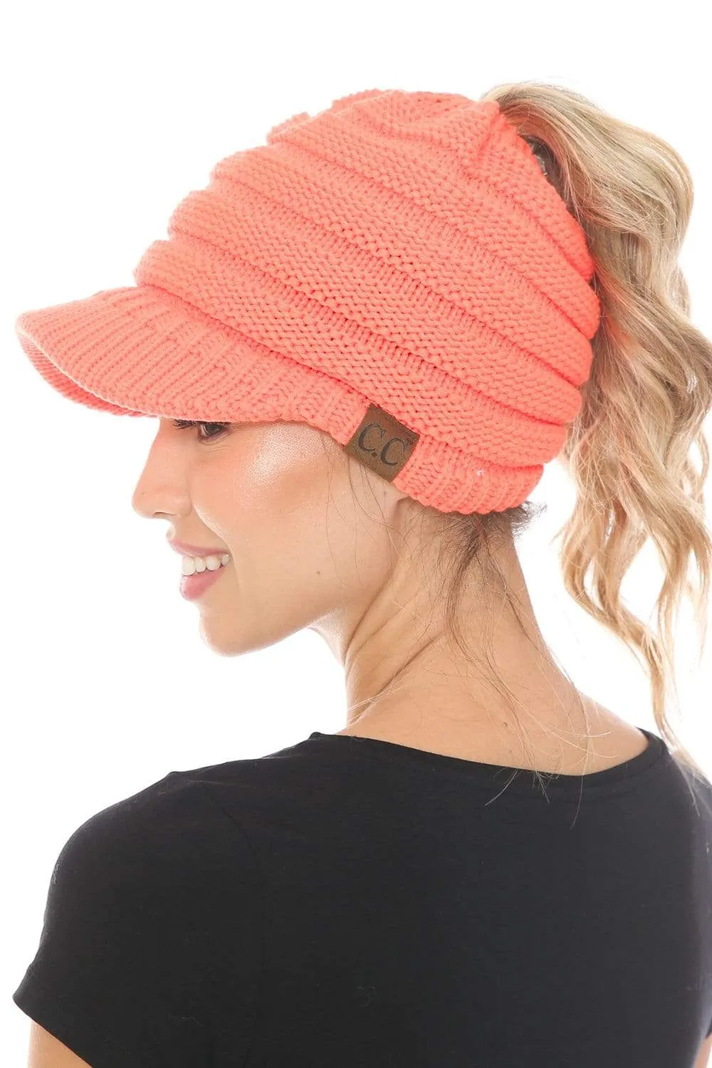 C.C MB131 - BeanieTail Warm Knit Messy High Bun Ponytail Visor Beanie Cap
