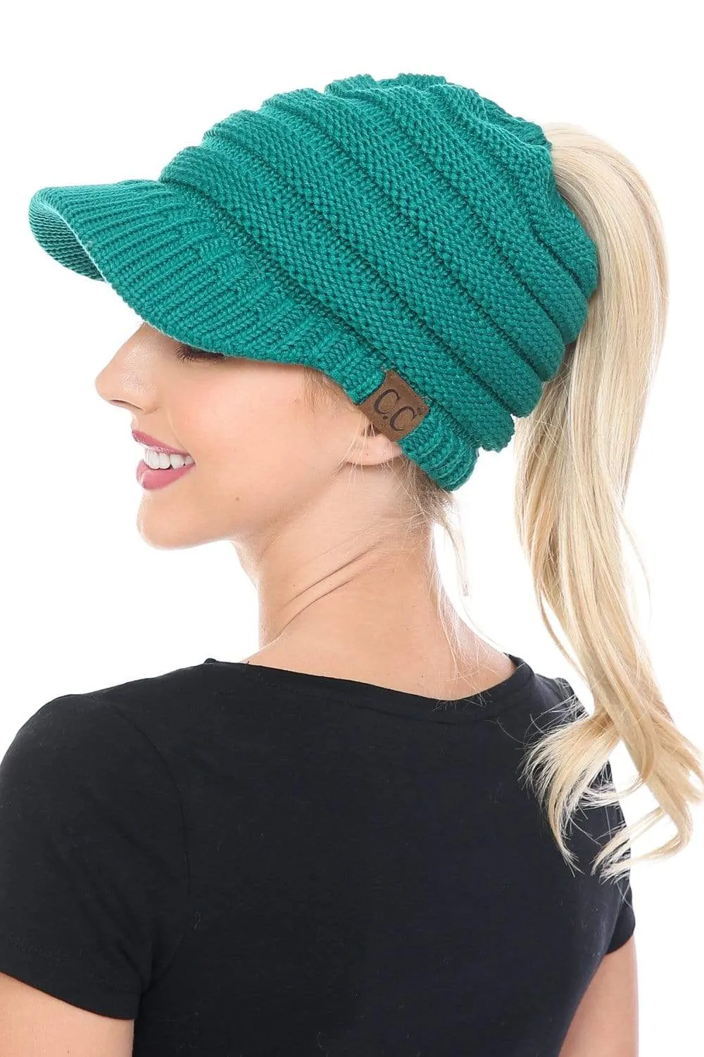 C.C MB131 - BeanieTail Warm Knit Messy High Bun Ponytail Visor Beanie Cap