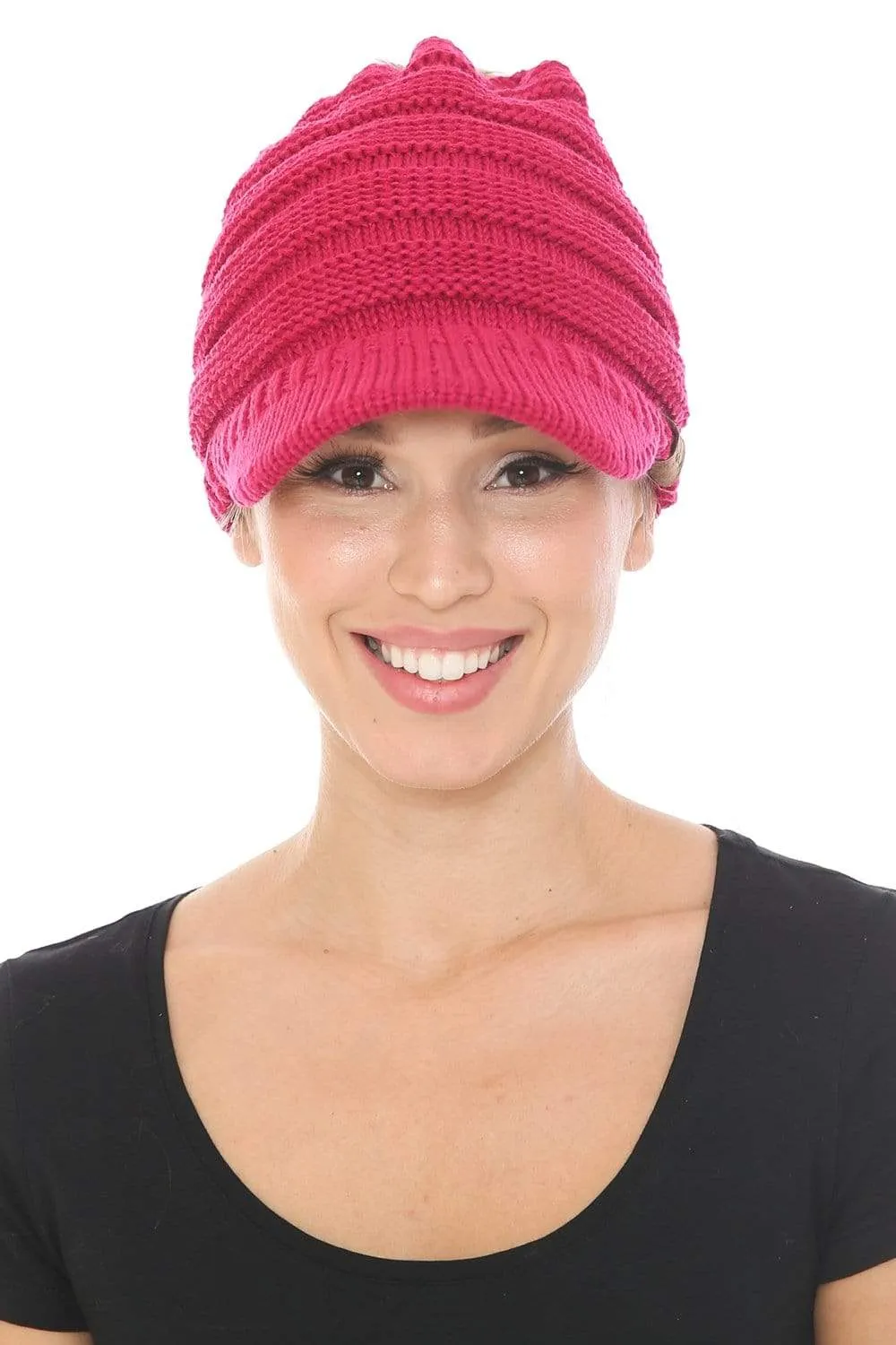 C.C MB131 - BeanieTail Warm Knit Messy High Bun Ponytail Visor Beanie Cap