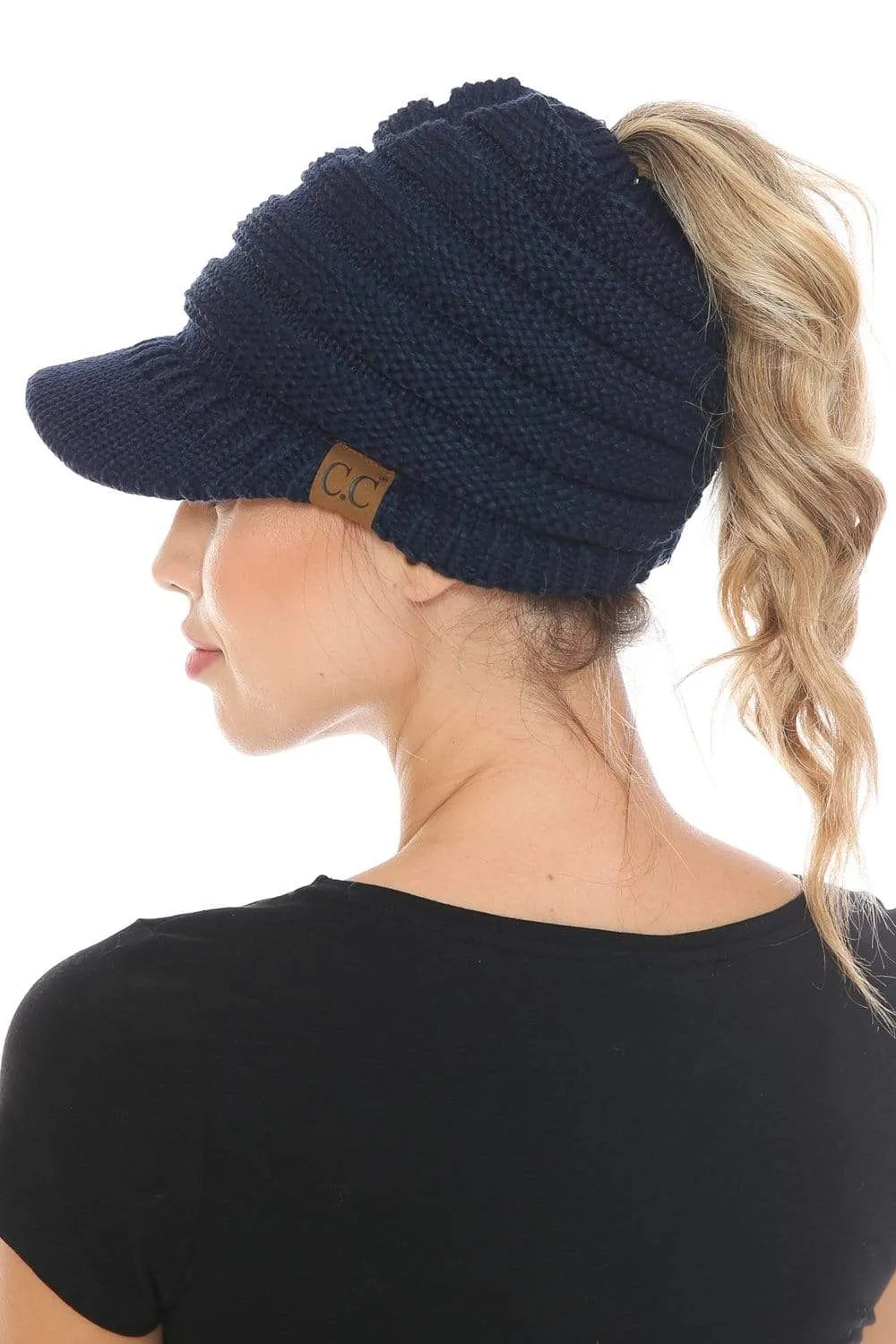 C.C MB131 - BeanieTail Warm Knit Messy High Bun Ponytail Visor Beanie Cap