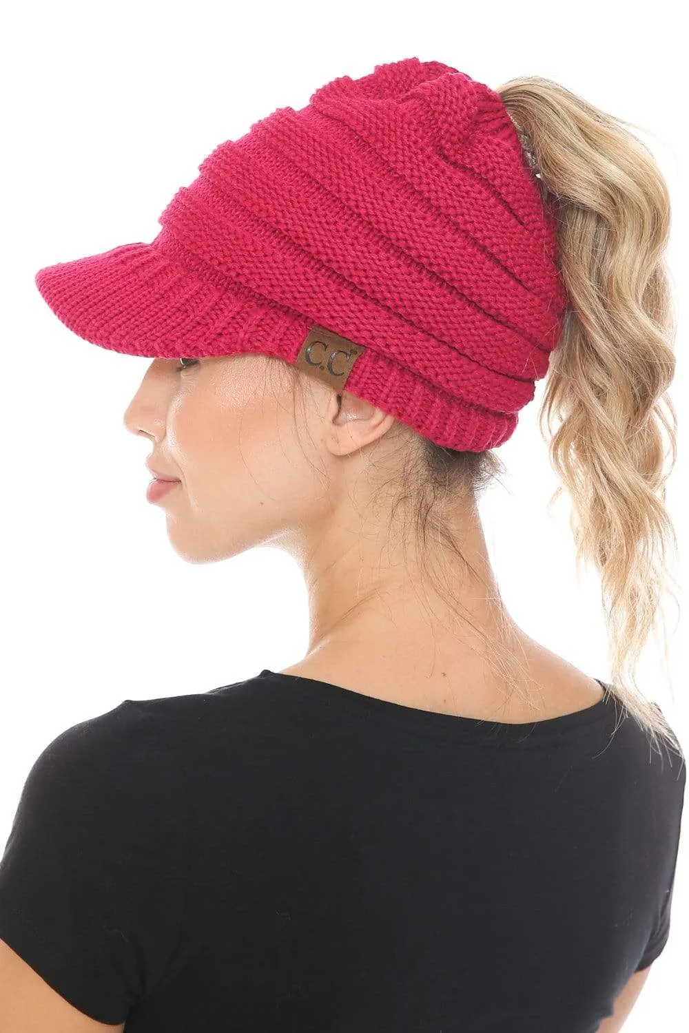 C.C MB131 - BeanieTail Warm Knit Messy High Bun Ponytail Visor Beanie Cap