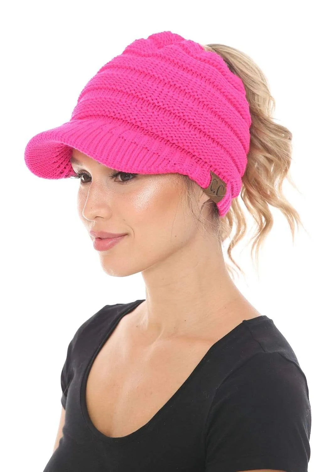 C.C MB131 - BeanieTail Warm Knit Messy High Bun Ponytail Visor Beanie Cap