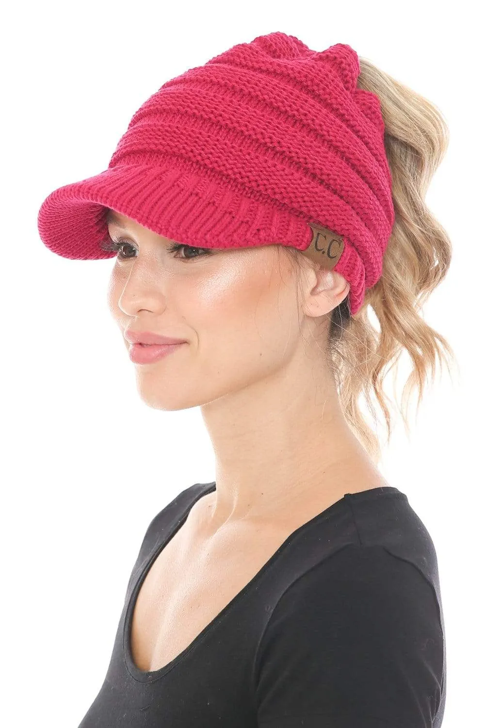 C.C MB131 - BeanieTail Warm Knit Messy High Bun Ponytail Visor Beanie Cap
