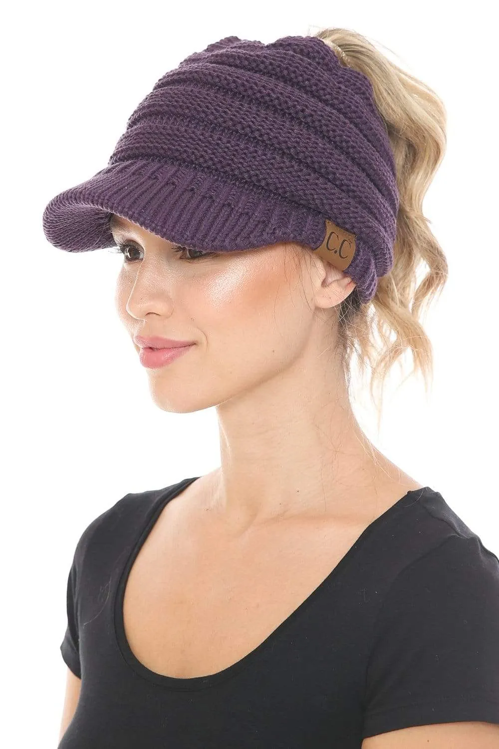 C.C MB131 - BeanieTail Warm Knit Messy High Bun Ponytail Visor Beanie Cap