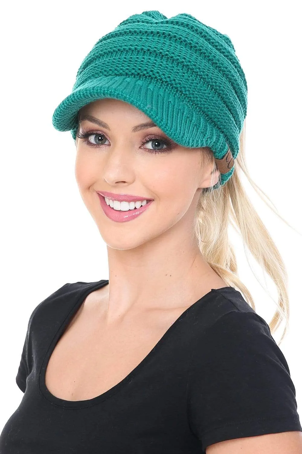 C.C MB131 - BeanieTail Warm Knit Messy High Bun Ponytail Visor Beanie Cap