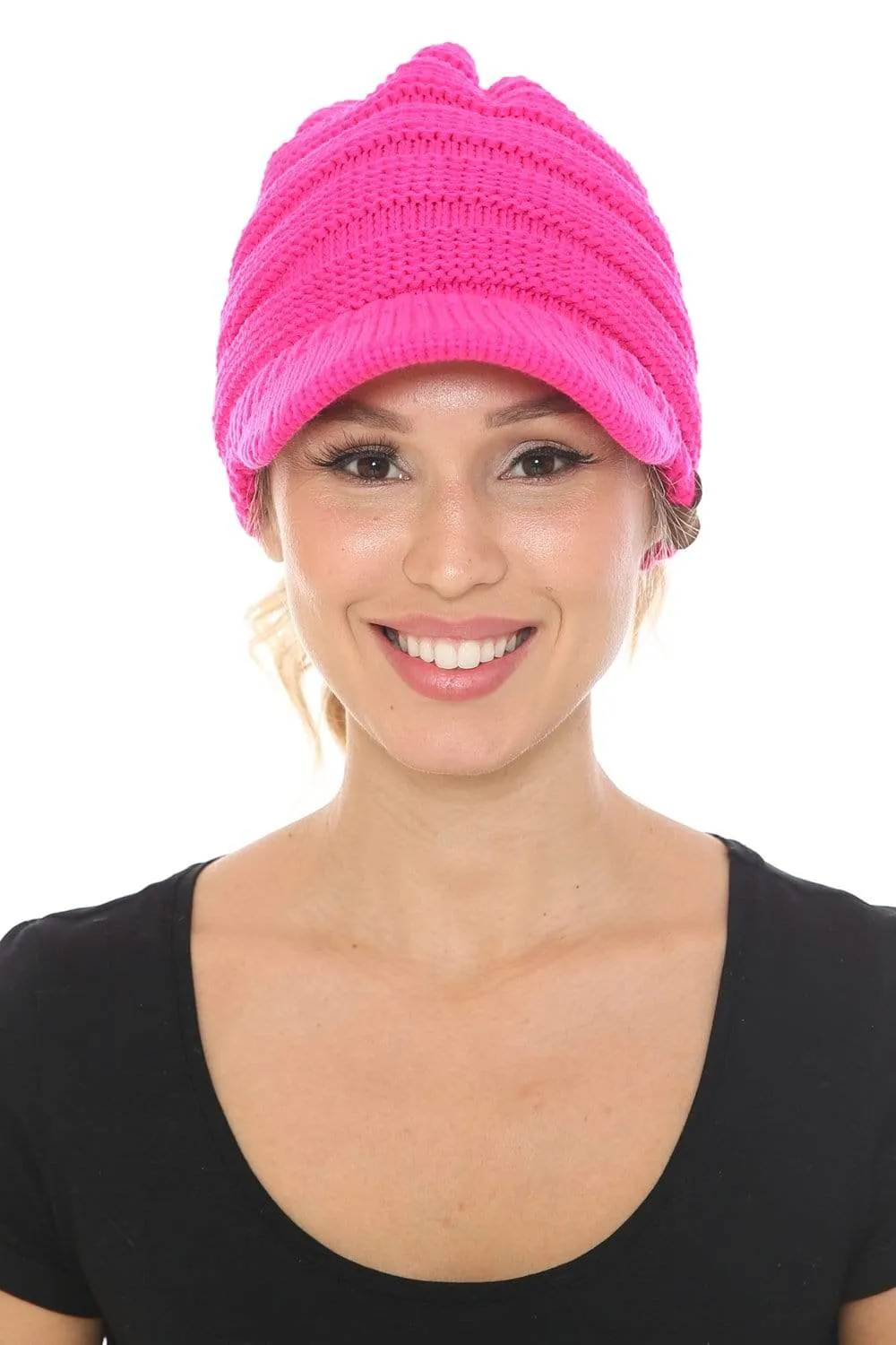 C.C MB131 - BeanieTail Warm Knit Messy High Bun Ponytail Visor Beanie Cap