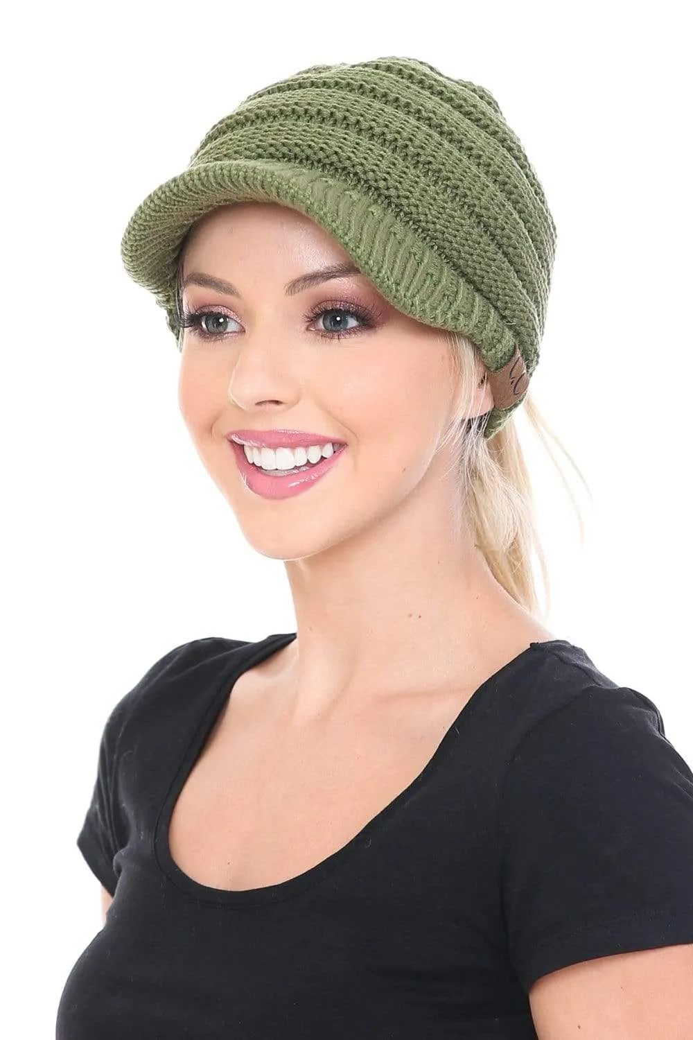 C.C MB131 - BeanieTail Warm Knit Messy High Bun Ponytail Visor Beanie Cap
