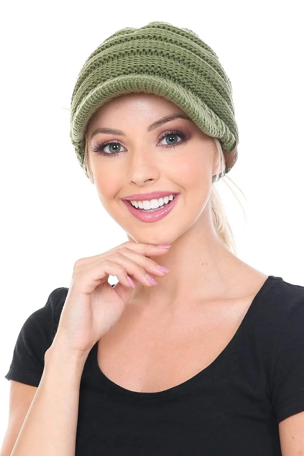 C.C MB131 - BeanieTail Warm Knit Messy High Bun Ponytail Visor Beanie Cap