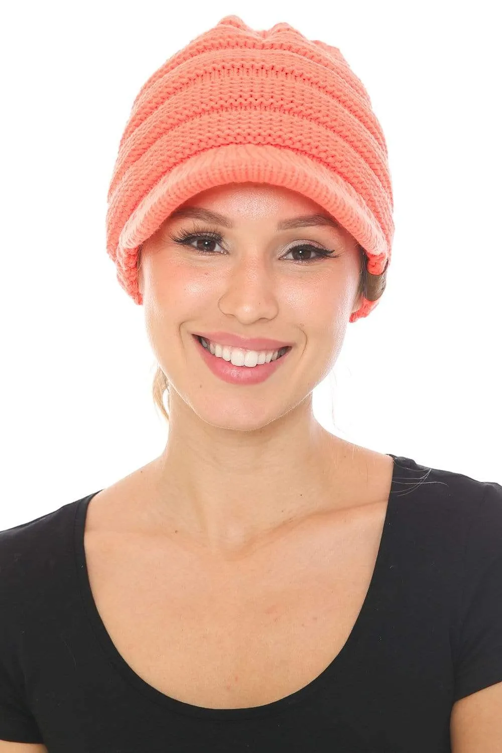 C.C MB131 - BeanieTail Warm Knit Messy High Bun Ponytail Visor Beanie Cap