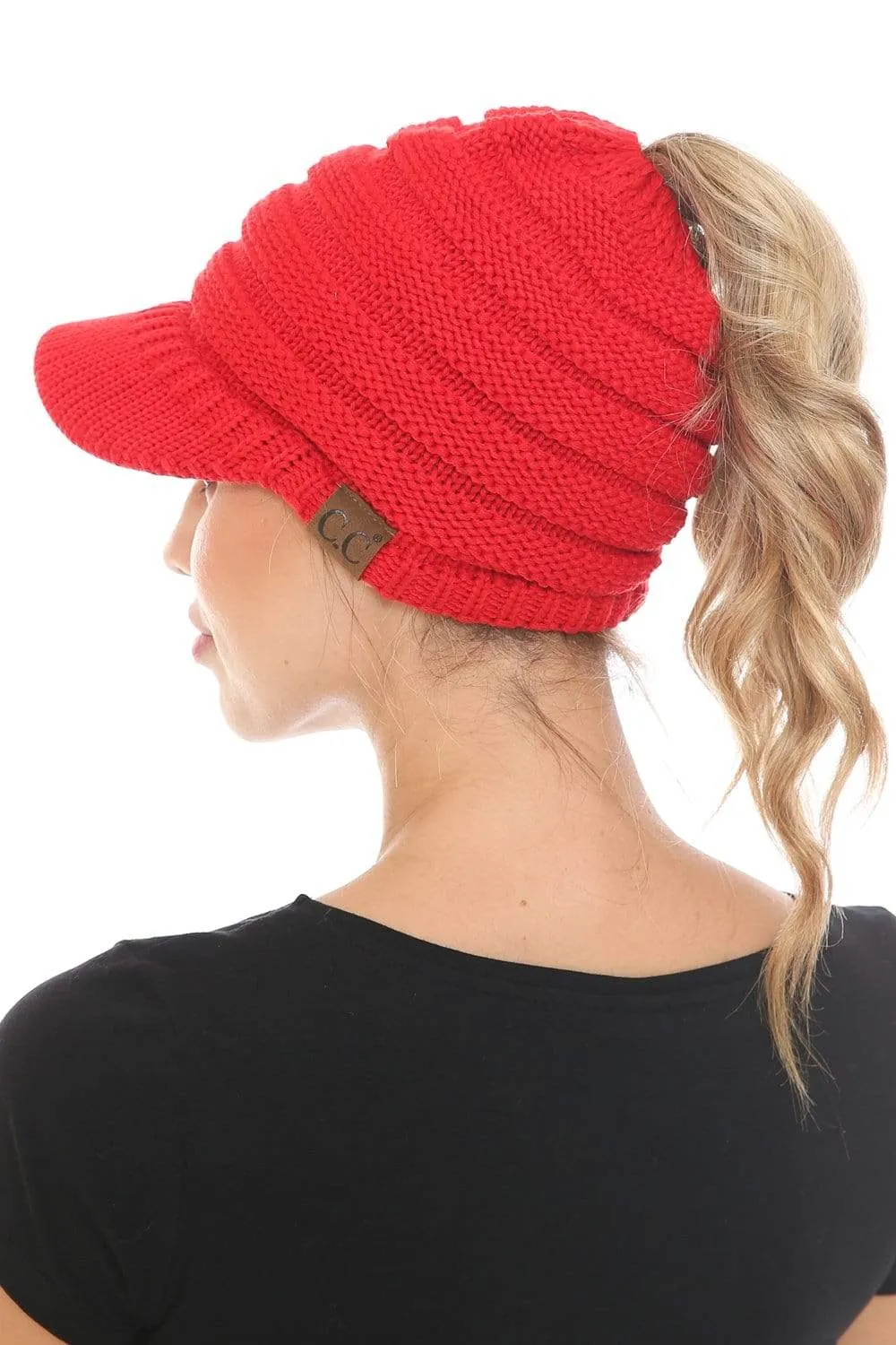 C.C MB131 - BeanieTail Warm Knit Messy High Bun Ponytail Visor Beanie Cap
