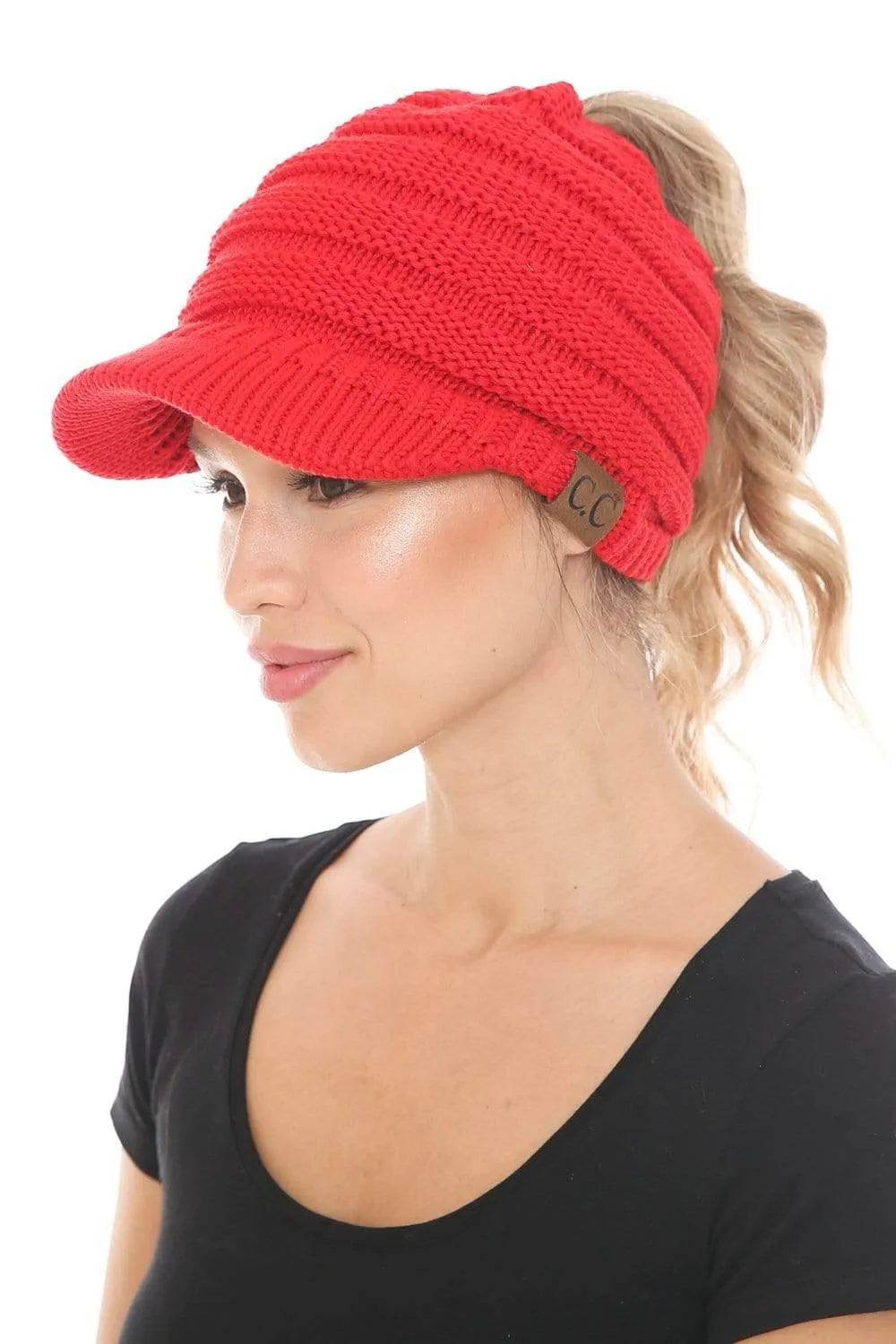 C.C MB131 - BeanieTail Warm Knit Messy High Bun Ponytail Visor Beanie Cap