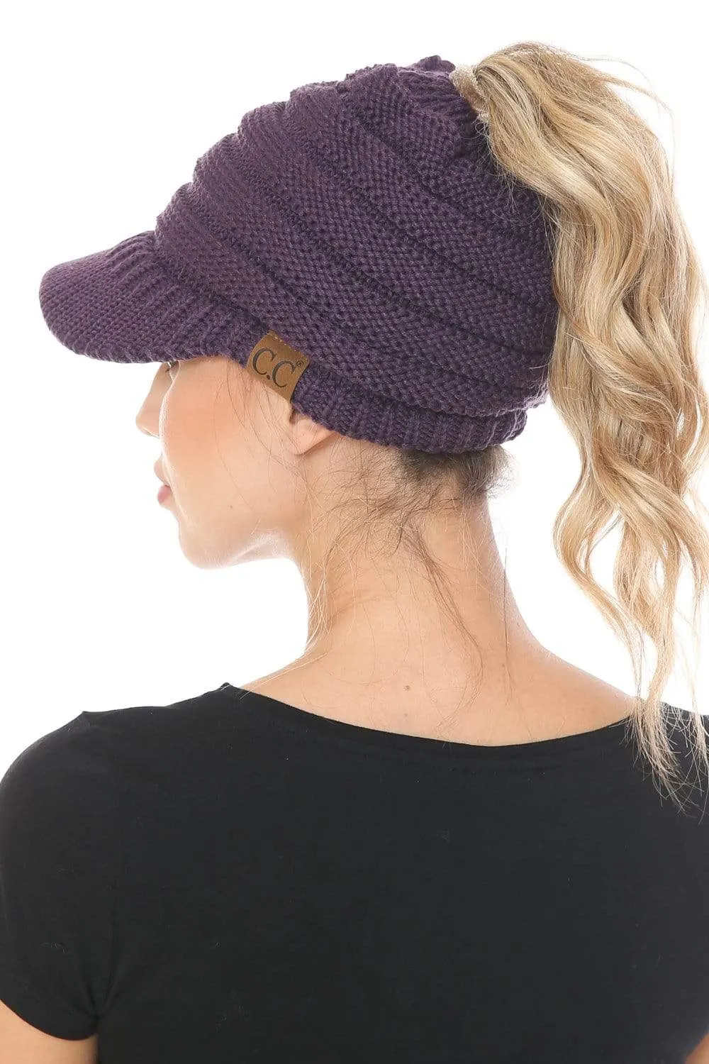 C.C MB131 - BeanieTail Warm Knit Messy High Bun Ponytail Visor Beanie Cap