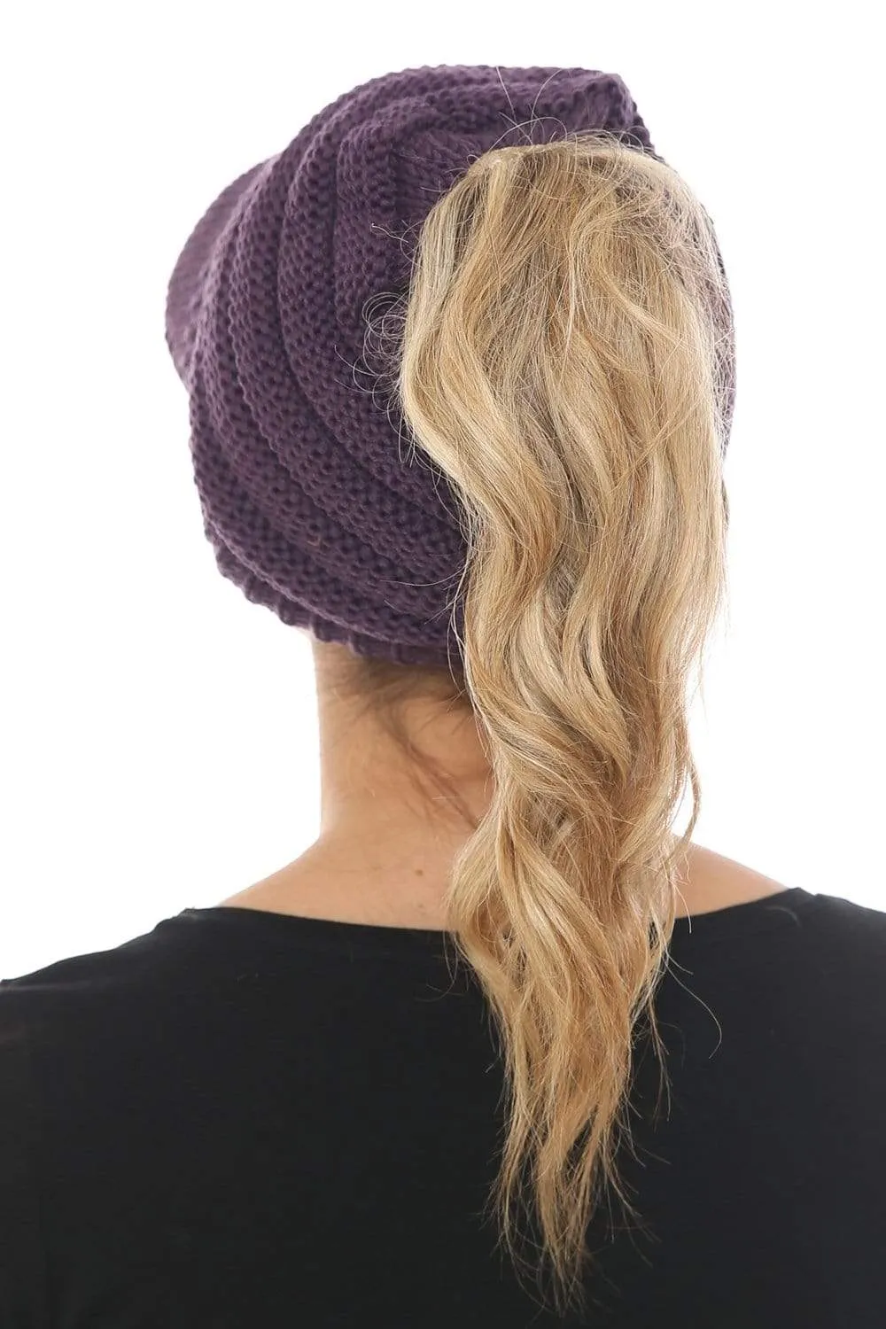 C.C MB131 - BeanieTail Warm Knit Messy High Bun Ponytail Visor Beanie Cap