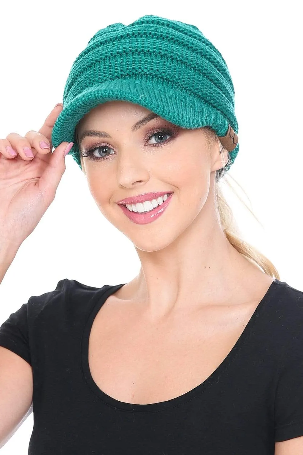 C.C MB131 - BeanieTail Warm Knit Messy High Bun Ponytail Visor Beanie Cap