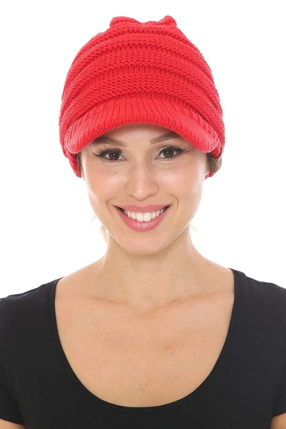 C.C MB131 - BeanieTail Warm Knit Messy High Bun Ponytail Visor Beanie Cap