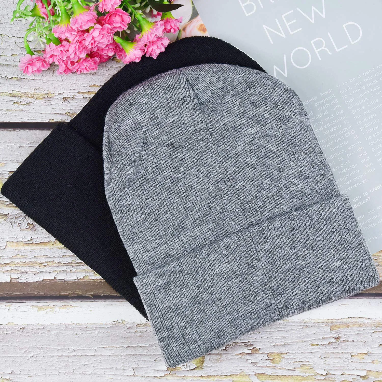 EAONE 2 Pack Winter Beanie Knitted Hat for Men Women Black & Grey Unisex Beanie Cap Stretchy Warm Cold Weather Stylish Cable Knitted Beanie Oversized Slouch Beanie Cap