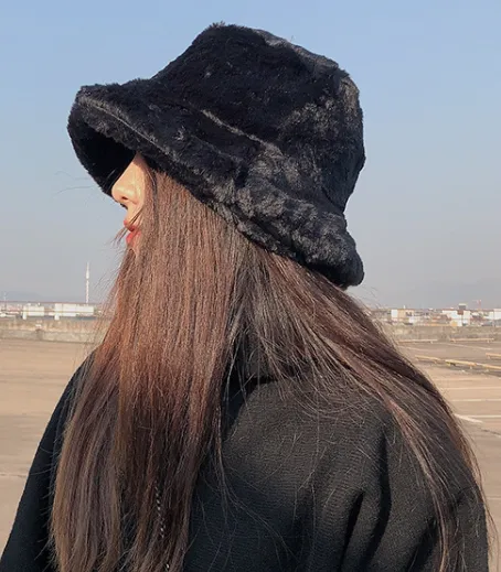 Faux Fur Bucket Hats With Brim Leopard Print or 4 Solid Colors