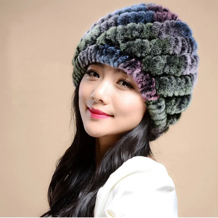 Knitting rabbit fur hat winter cap hats for women new fashion Genuine rabbit fur hat Stripe Fur Caps