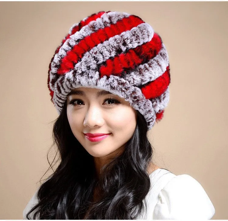 Knitting rabbit fur hat winter cap hats for women new fashion Genuine rabbit fur hat Stripe Fur Caps