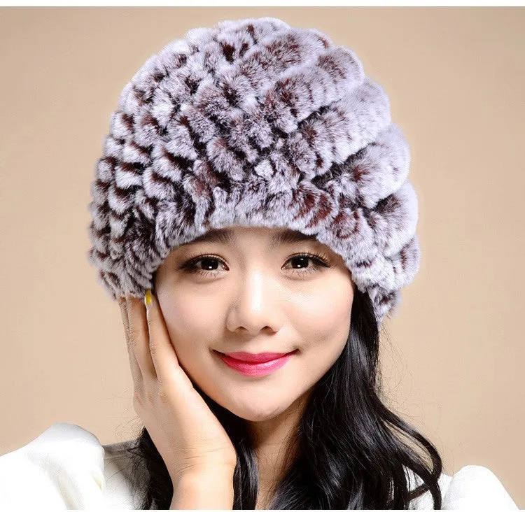 Knitting rabbit fur hat winter cap hats for women new fashion Genuine rabbit fur hat Stripe Fur Caps