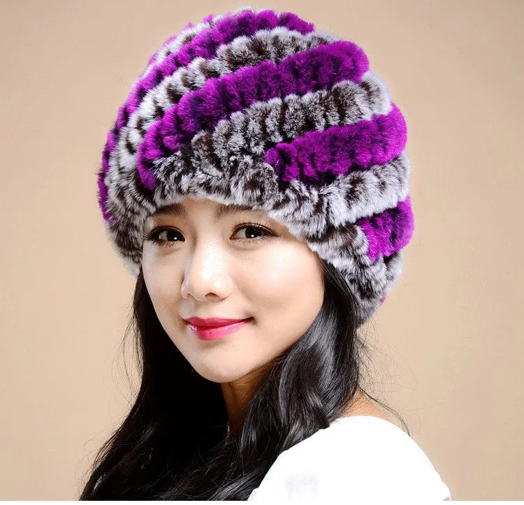 Knitting rabbit fur hat winter cap hats for women new fashion Genuine rabbit fur hat Stripe Fur Caps