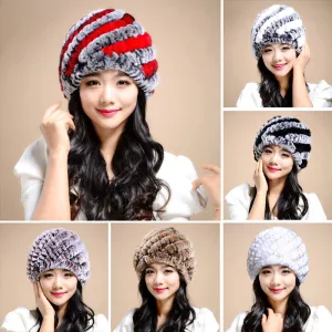 Knitting rabbit fur hat winter cap hats for women new fashion Genuine rabbit fur hat Stripe Fur Caps