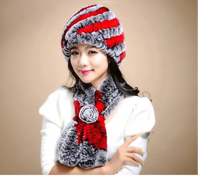 Knitting rabbit fur hat winter cap hats for women new fashion Genuine rabbit fur hat Stripe Fur Caps