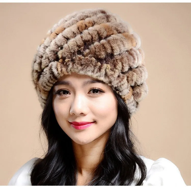 Knitting rabbit fur hat winter cap hats for women new fashion Genuine rabbit fur hat Stripe Fur Caps