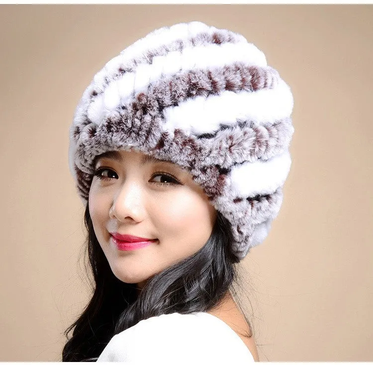 Knitting rabbit fur hat winter cap hats for women new fashion Genuine rabbit fur hat Stripe Fur Caps
