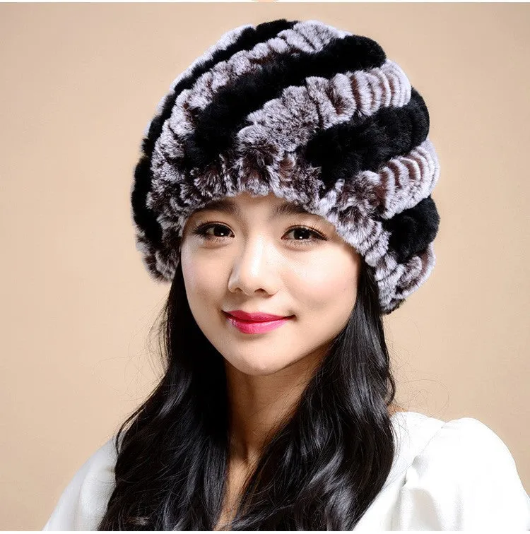 Knitting rabbit fur hat winter cap hats for women new fashion Genuine rabbit fur hat Stripe Fur Caps