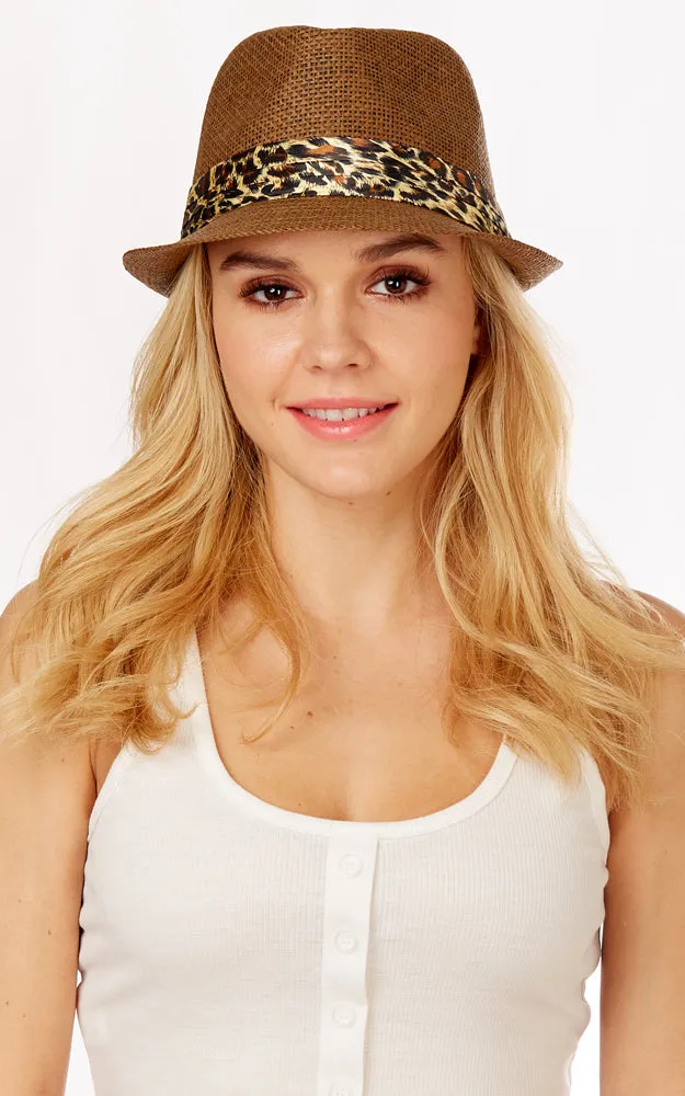 LOH164 Khaki Straw Hat With Animal Accent Band Fedora