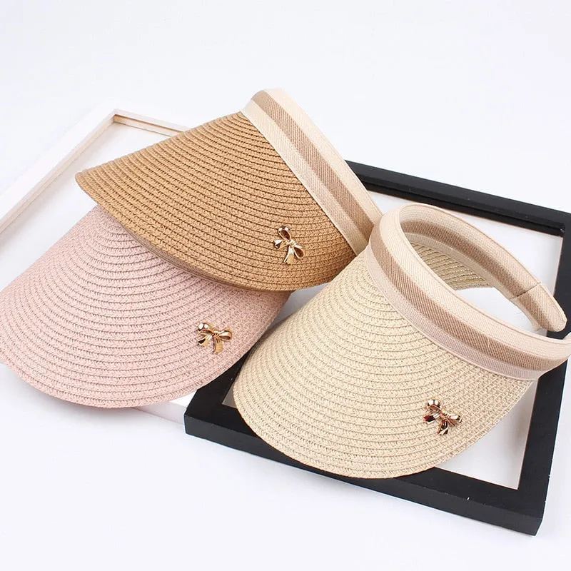 New Woman's Sun Hats Hand Made DIY Straw Bowknot Visor Caps Parent-Child Summer Cap Casual Shade Hat Empty Top Hat Beach