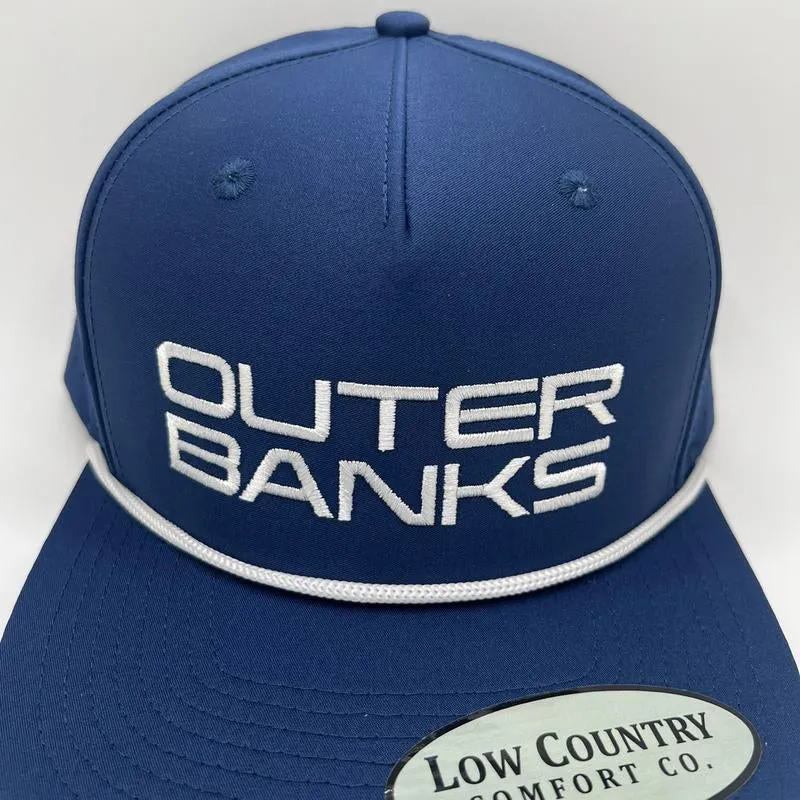 OBX Embroidery on a Blue Performance Hat with White Rope