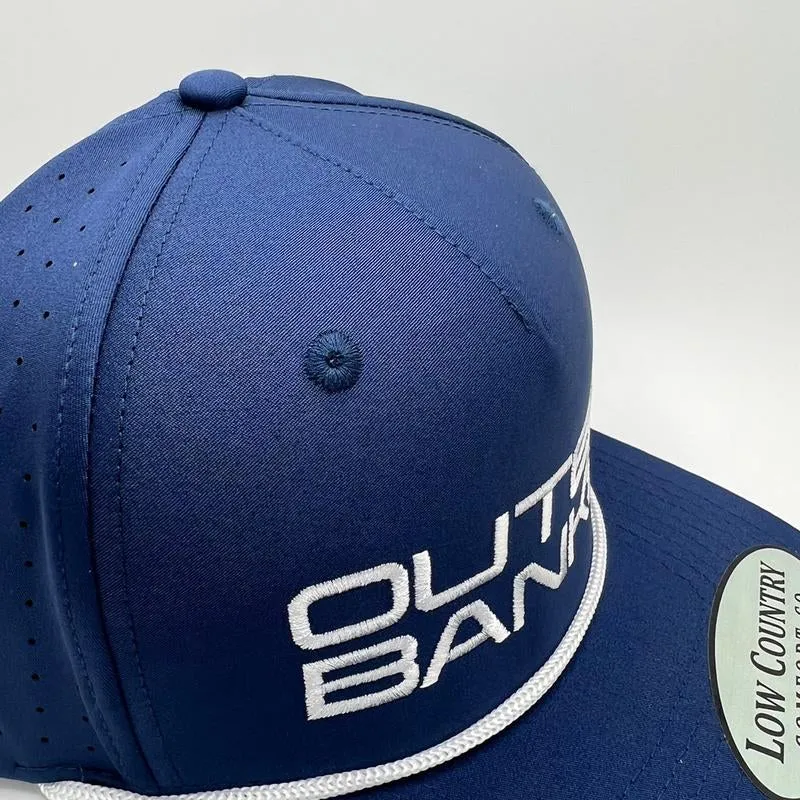 OBX Embroidery on a Blue Performance Hat with White Rope