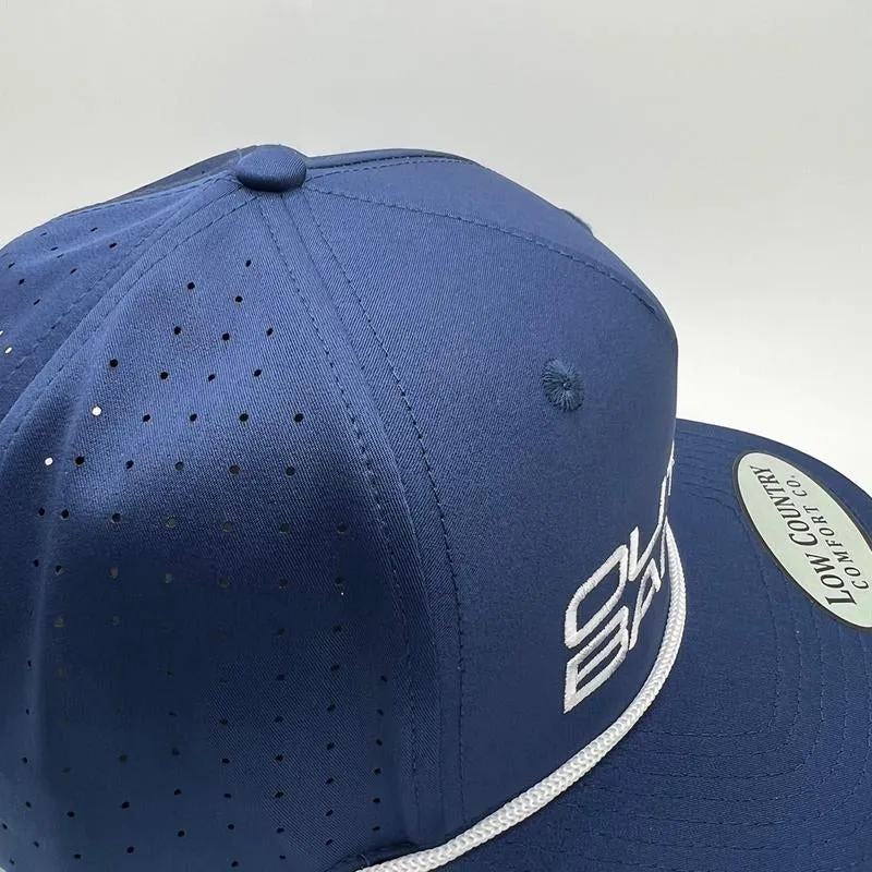 OBX Embroidery on a Blue Performance Hat with White Rope