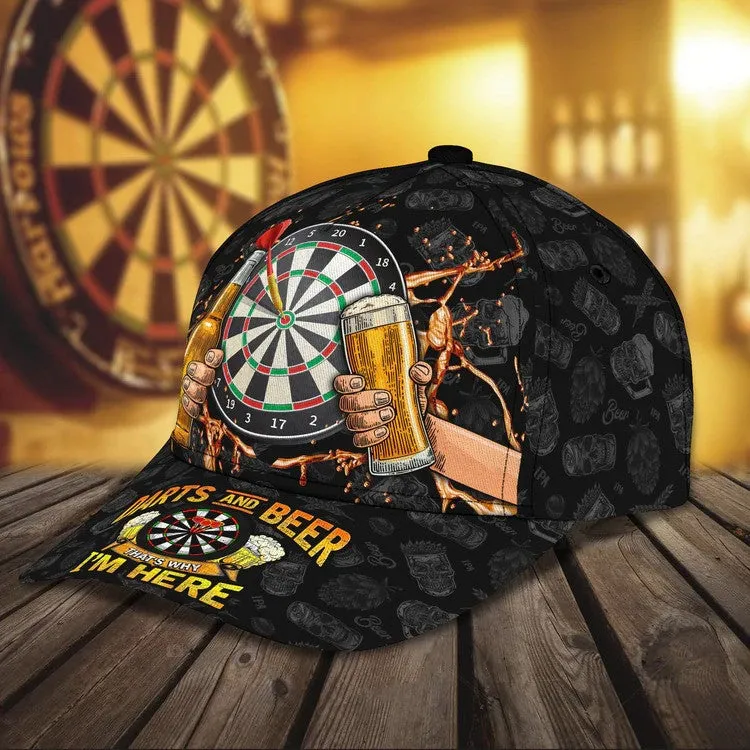 Personalized Dart & Beer I'm Here 3D Baseball Cap, Dart Hat for Man Dart Lovers, 3D All Over Printed Dart Hat for Husband