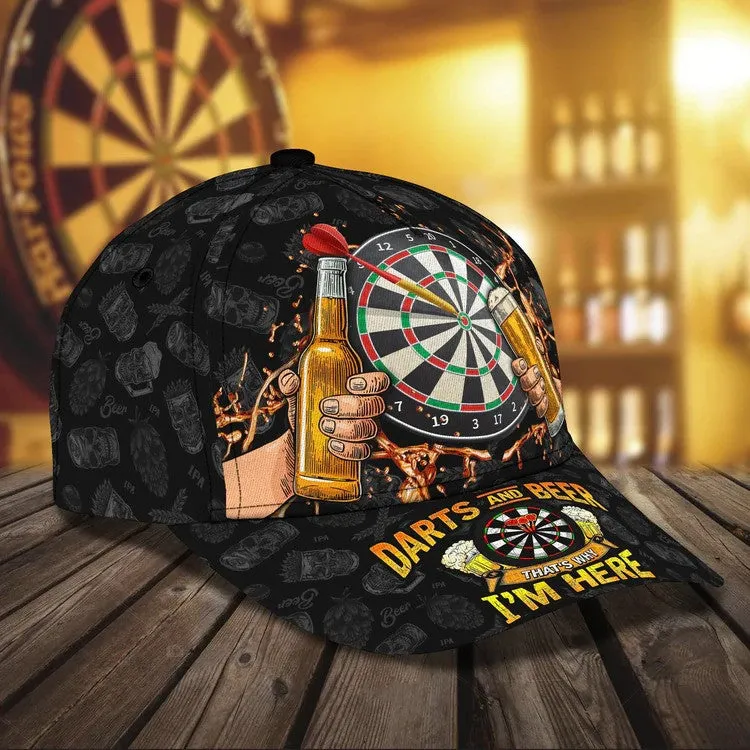 Personalized Dart & Beer I'm Here 3D Baseball Cap, Dart Hat for Man Dart Lovers, 3D All Over Printed Dart Hat for Husband