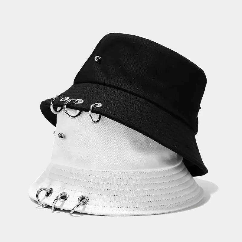 Punk Spiked Rivet Bucket Cap with Metal Rings Panama Streetwear Cap