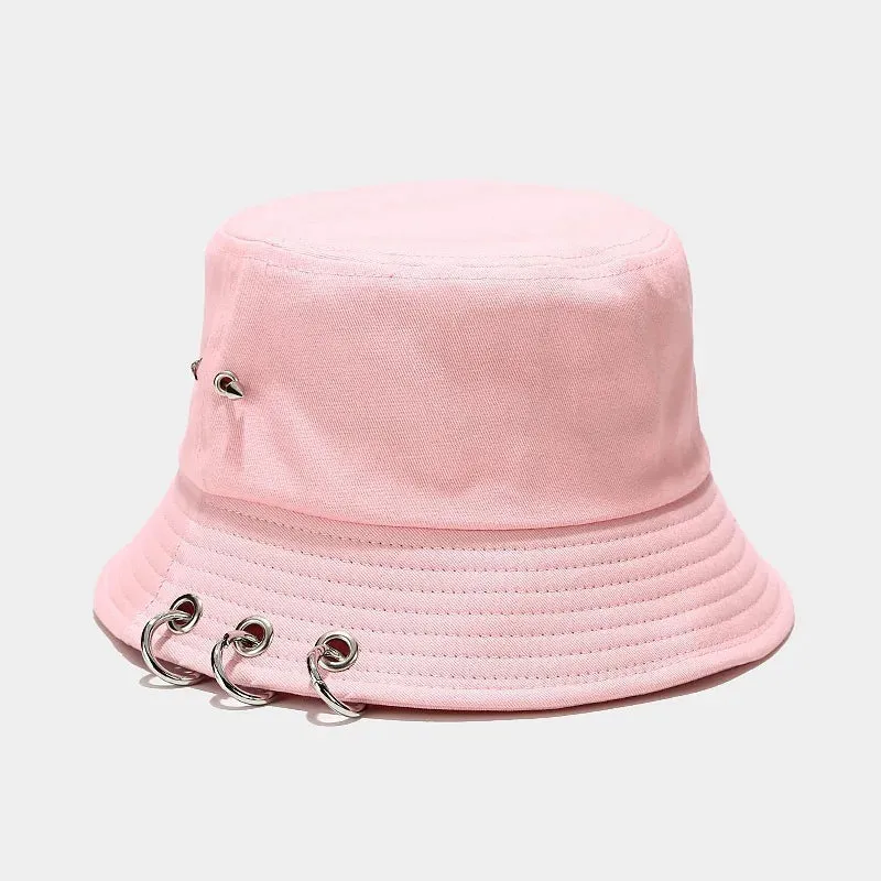 Punk Spiked Rivet Bucket Cap with Metal Rings Panama Streetwear Cap